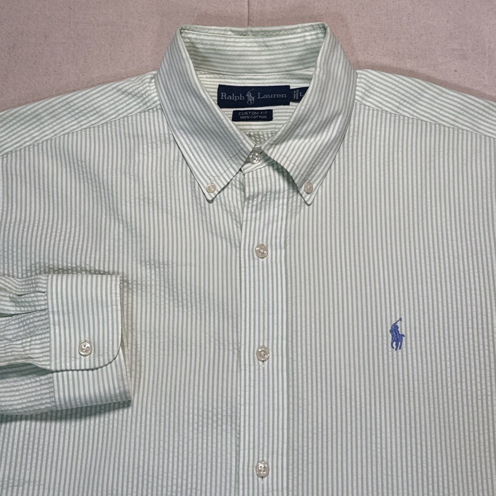 Vintage Ralph Lauren Button Down Shirt Men L Green White Striped Seersucker Pony